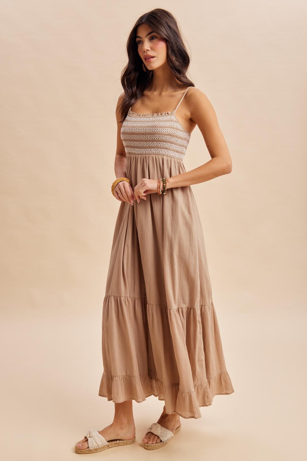 Beach Sand Embroidered Smocked Maxi Dress