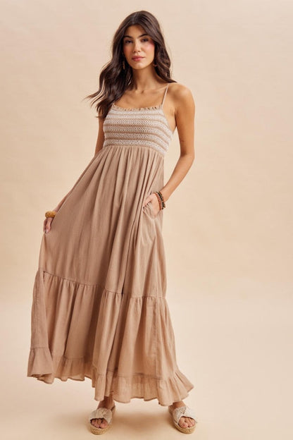 Beach Sand Embroidered Smocked Maternity Maxi Dress
