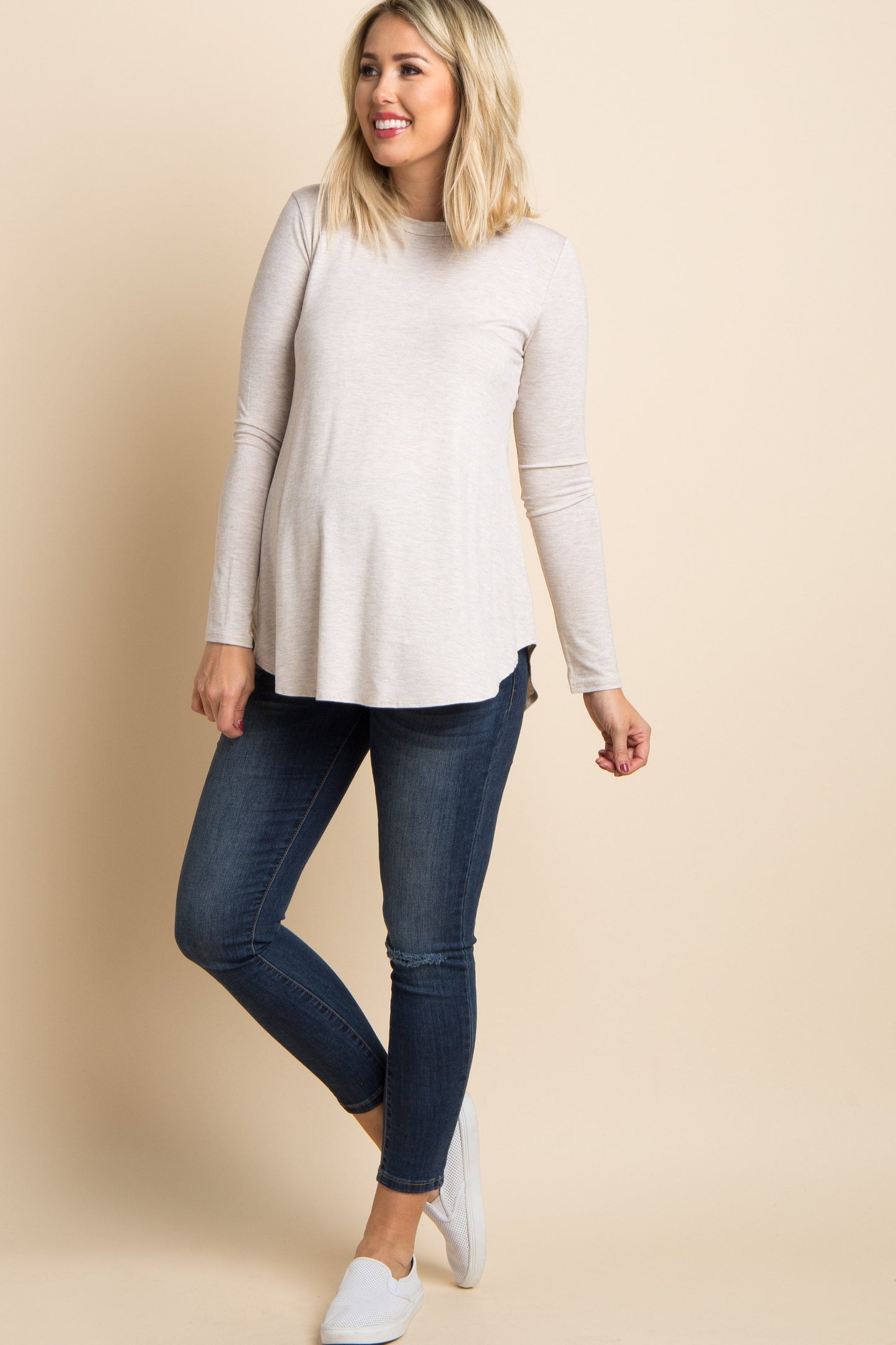 Beige Basic Long Sleeve Maternity Top