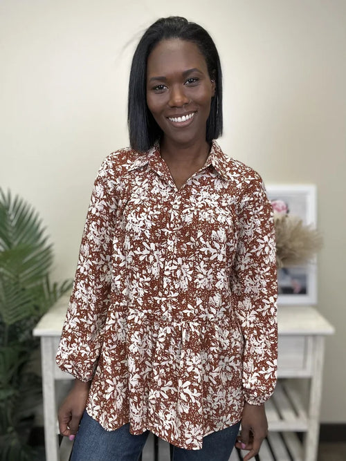 Look At Us Women's Floral Ruffled Button Down Long Sleeve Top