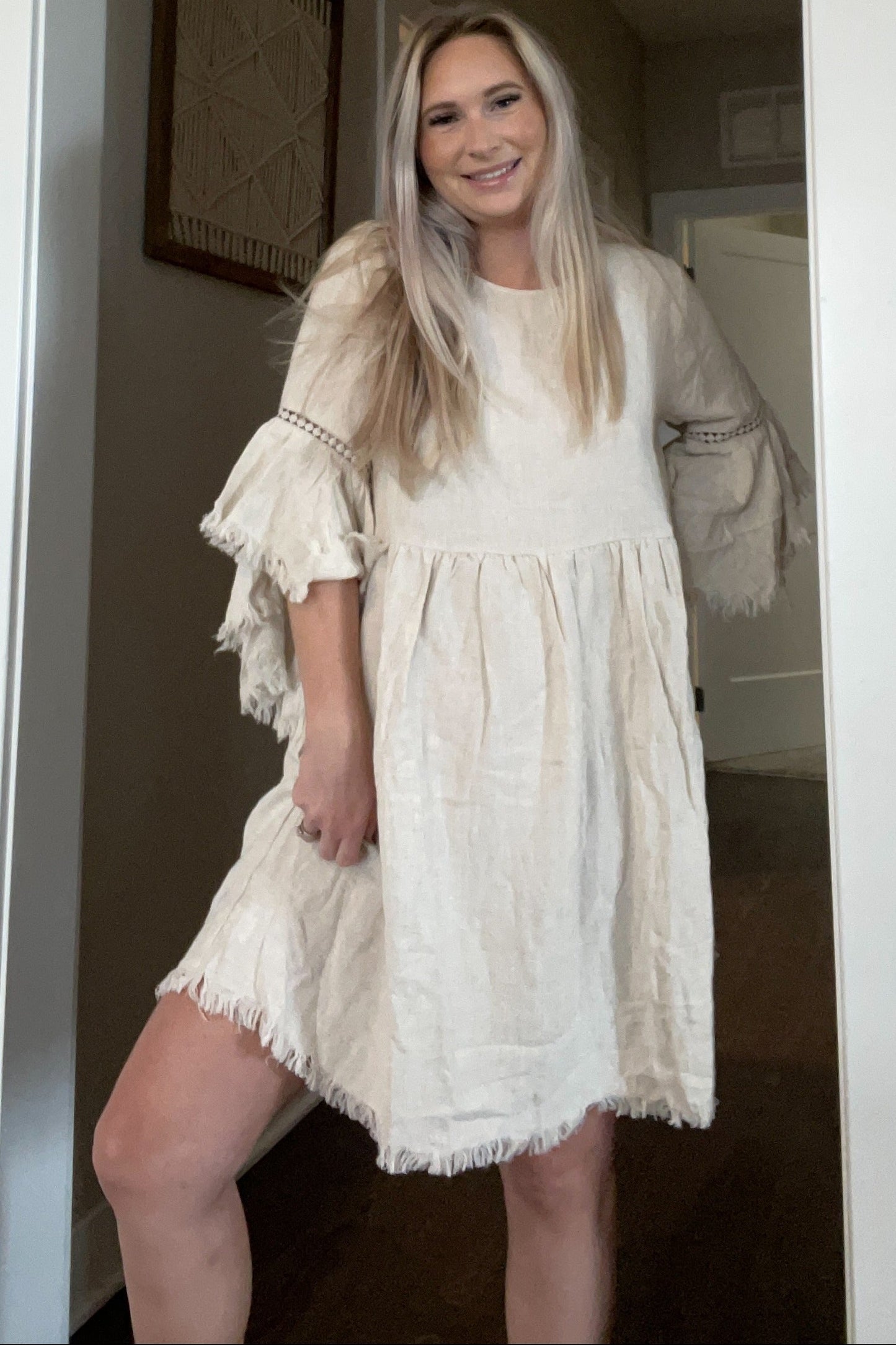 Beige Raw Edge Bell Sleeve Babydoll Dress