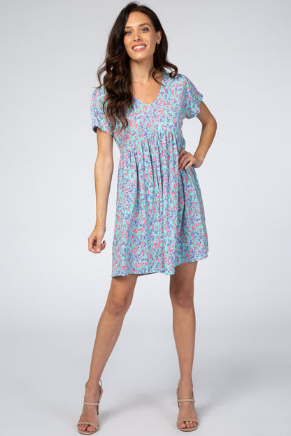 Aqua Floral Short Sleeve Dress