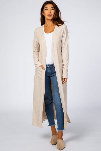 Beige Ribbed Long Sleeve Duster Cardigan