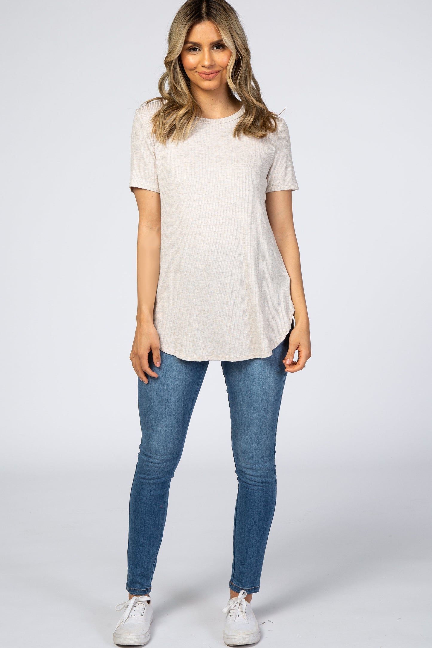 Beige Ribbed Round Hem Top
