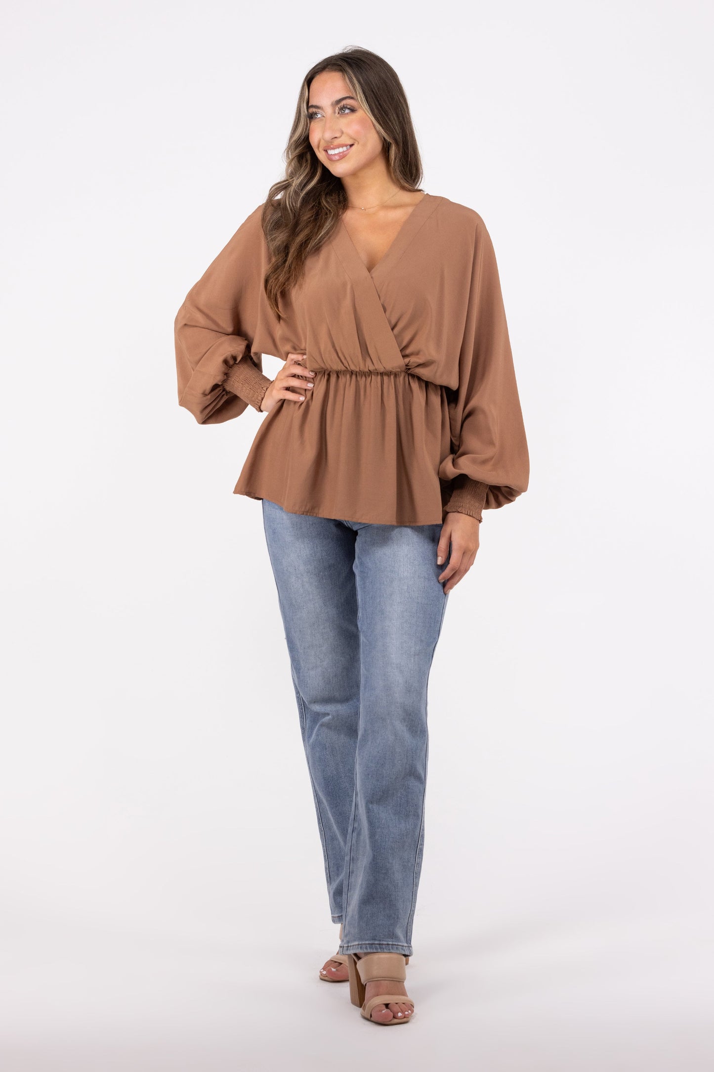 Take The Risk Women's Peplum Long Kimono Sleeve Top