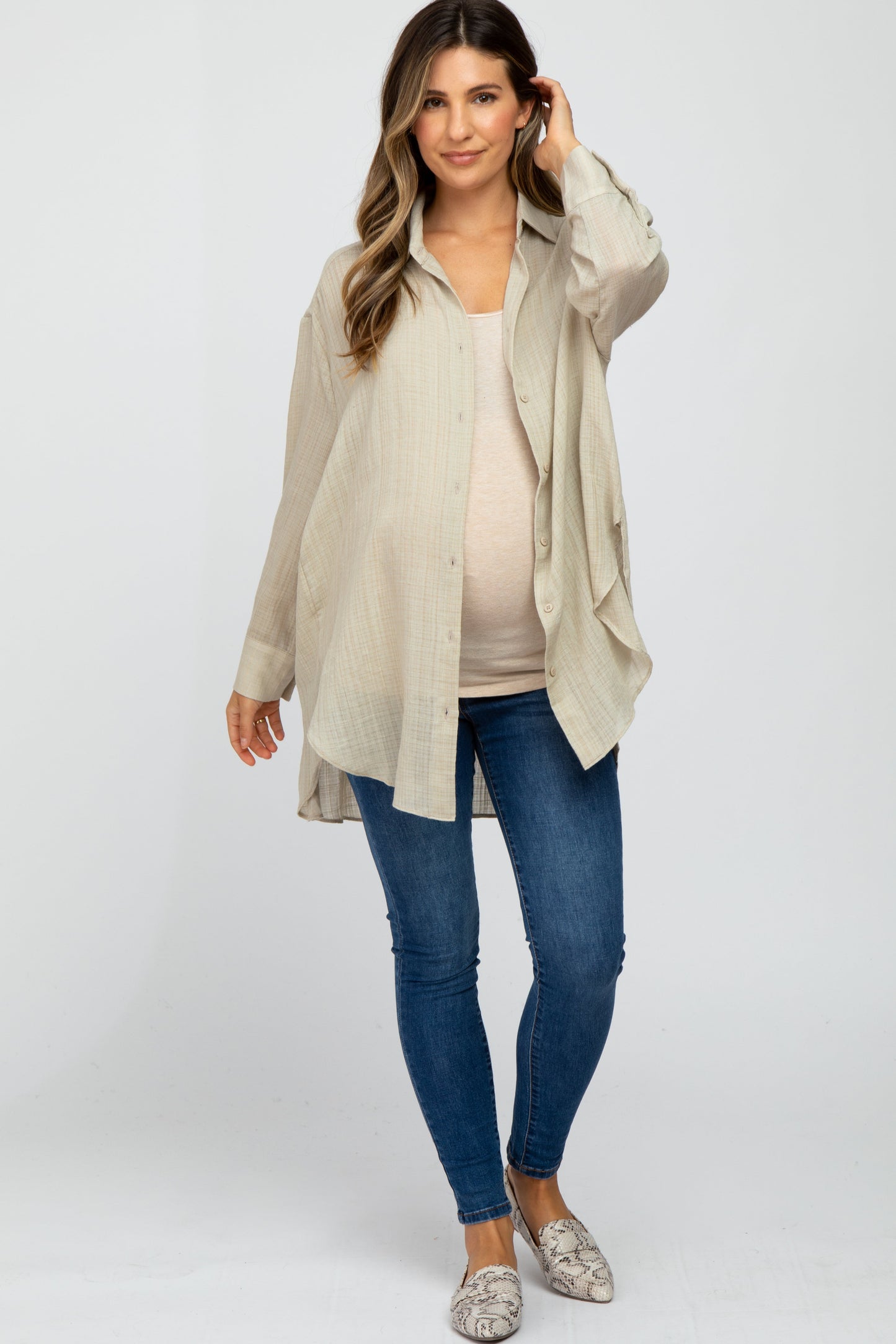 Beige Lightweight Sheer Button Down Maternity Blouse