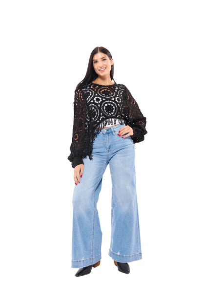 Women's Boho Long Sleeve Open Crochet Fringe Sweater Top – Available in Black & Oatmeal