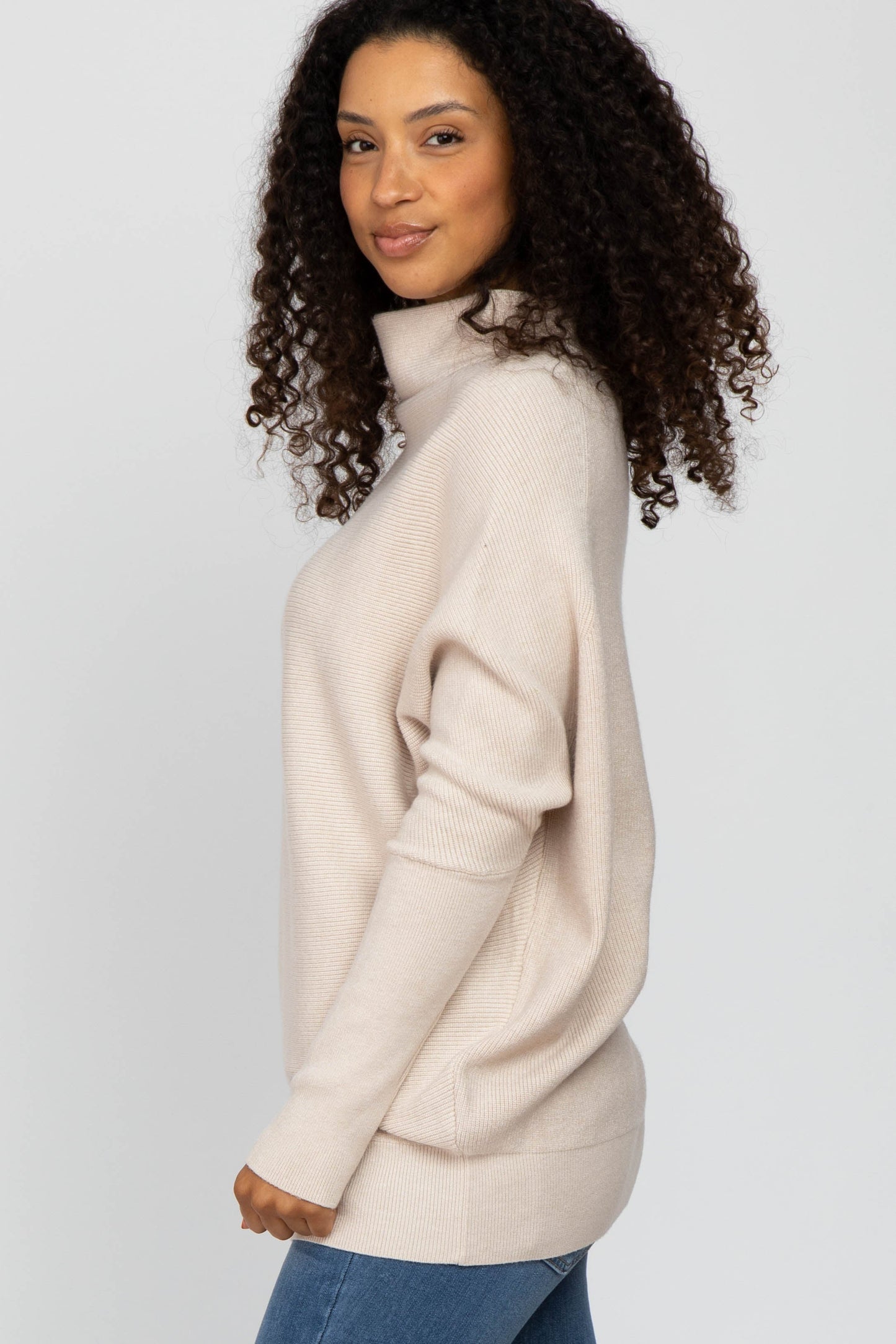 Beige Funnel Neck Dolman Sleeve Sweater