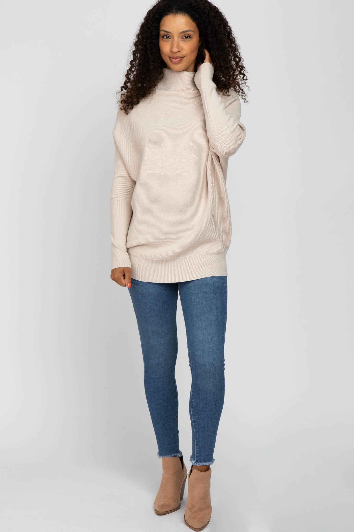 Beige Funnel Neck Dolman Sleeve Sweater