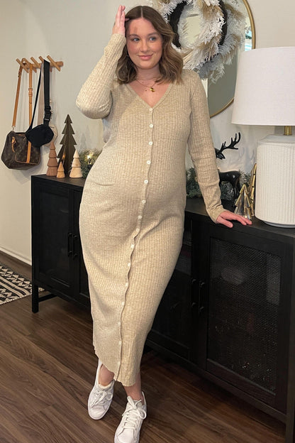 Beige Ribbed Button Front Midi Cardigan Maternity Dress