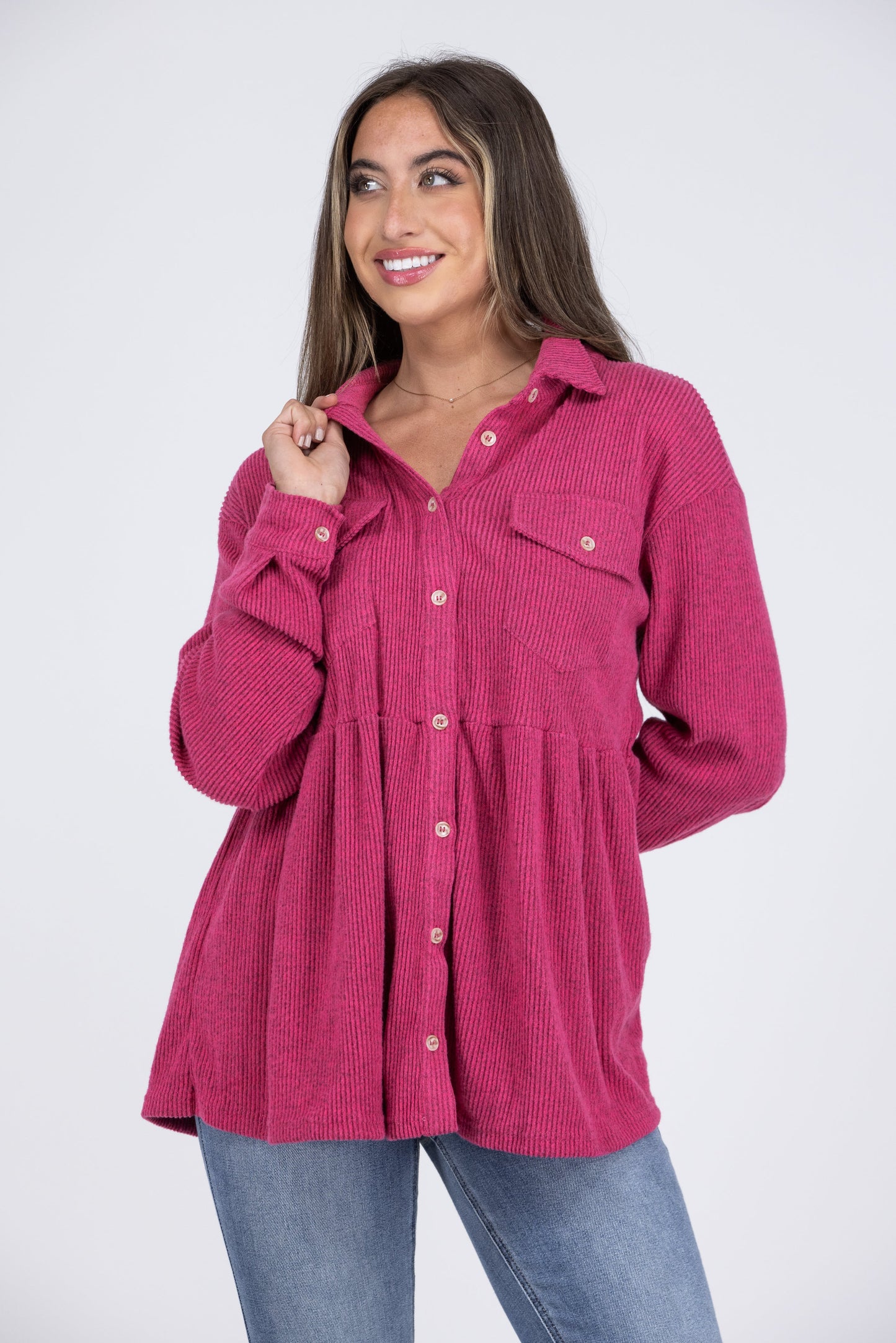 Just Like Old Times Women's Double Breasted PocketsLong Sleeve Top