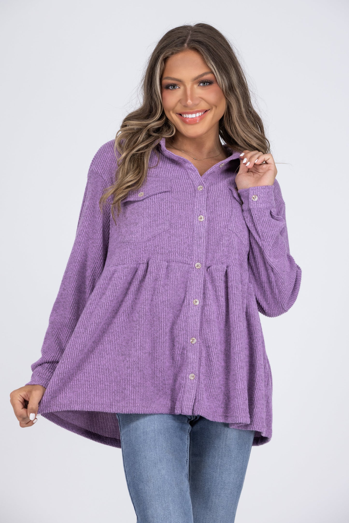 Just Like Old Times Women's Double Breasted PocketsLong Sleeve Top