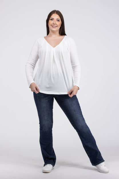 Never Back Down Women's Pleated V-Neck Long Sleeve Top