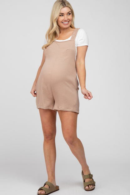 Beige Square Neck Elastic Strap Maternity Romper
