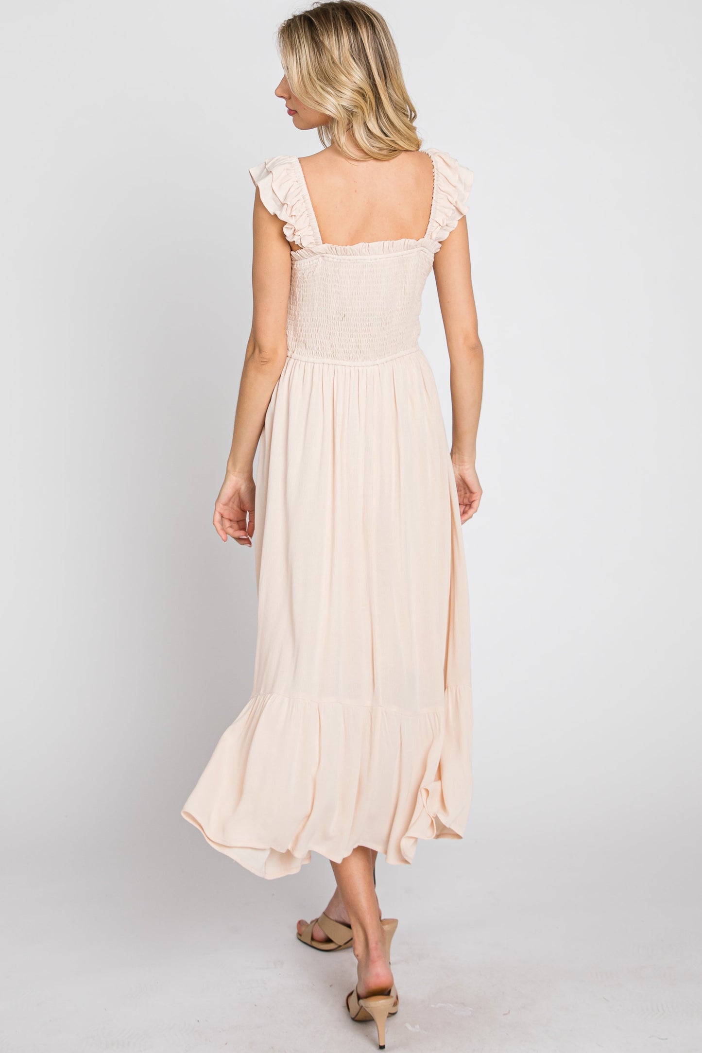 Beige Smocked Ruffle Accent Sleeveless Midi Dress