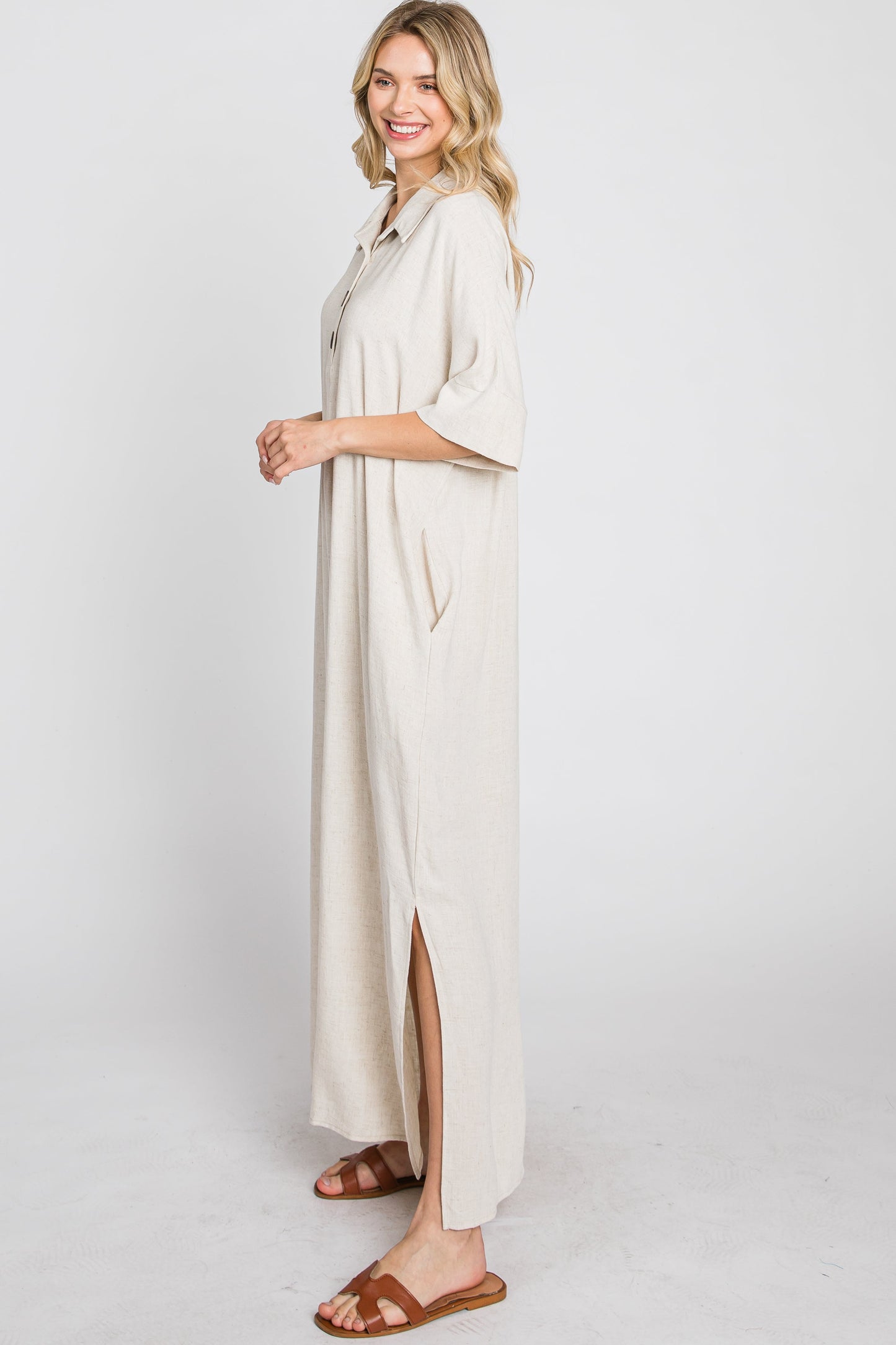 Beige Collared Linen Maxi Dress
