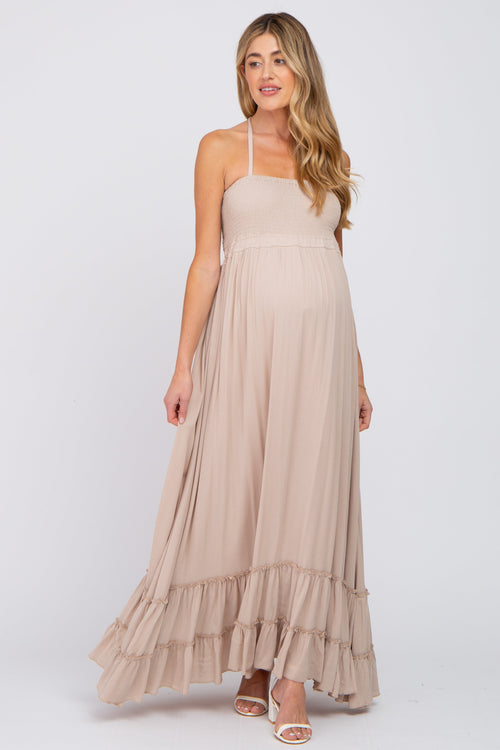 Beige Halter Neck Cut Out Maternity Maxi Dress