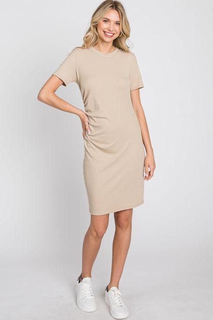 Beige Ribbed Ruched Side Fitted Short Sleeve Dress