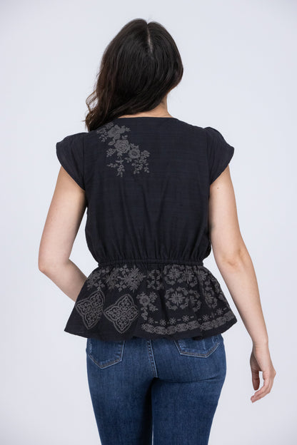 Plan On It Women's Embroidered Short Flutter Sleeve Top