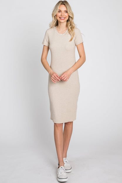 Beige Ribbed Fitted Dress