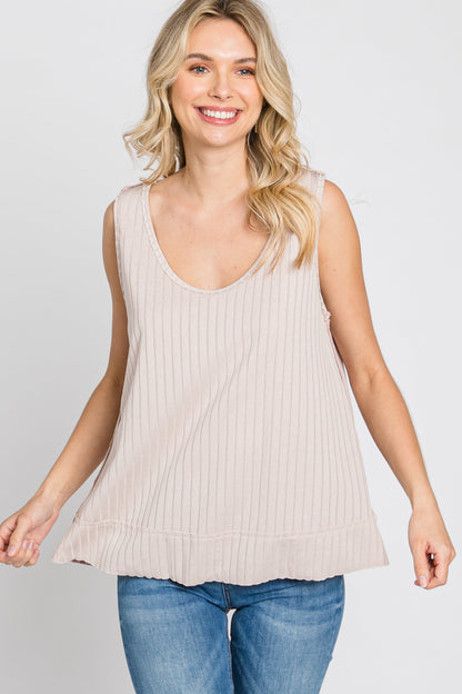Beige Ribbed Raw Hem Tank Top