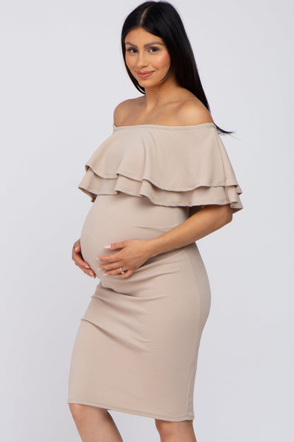 Beige Ruffle Off Shoulder Ruched Maternity Dress