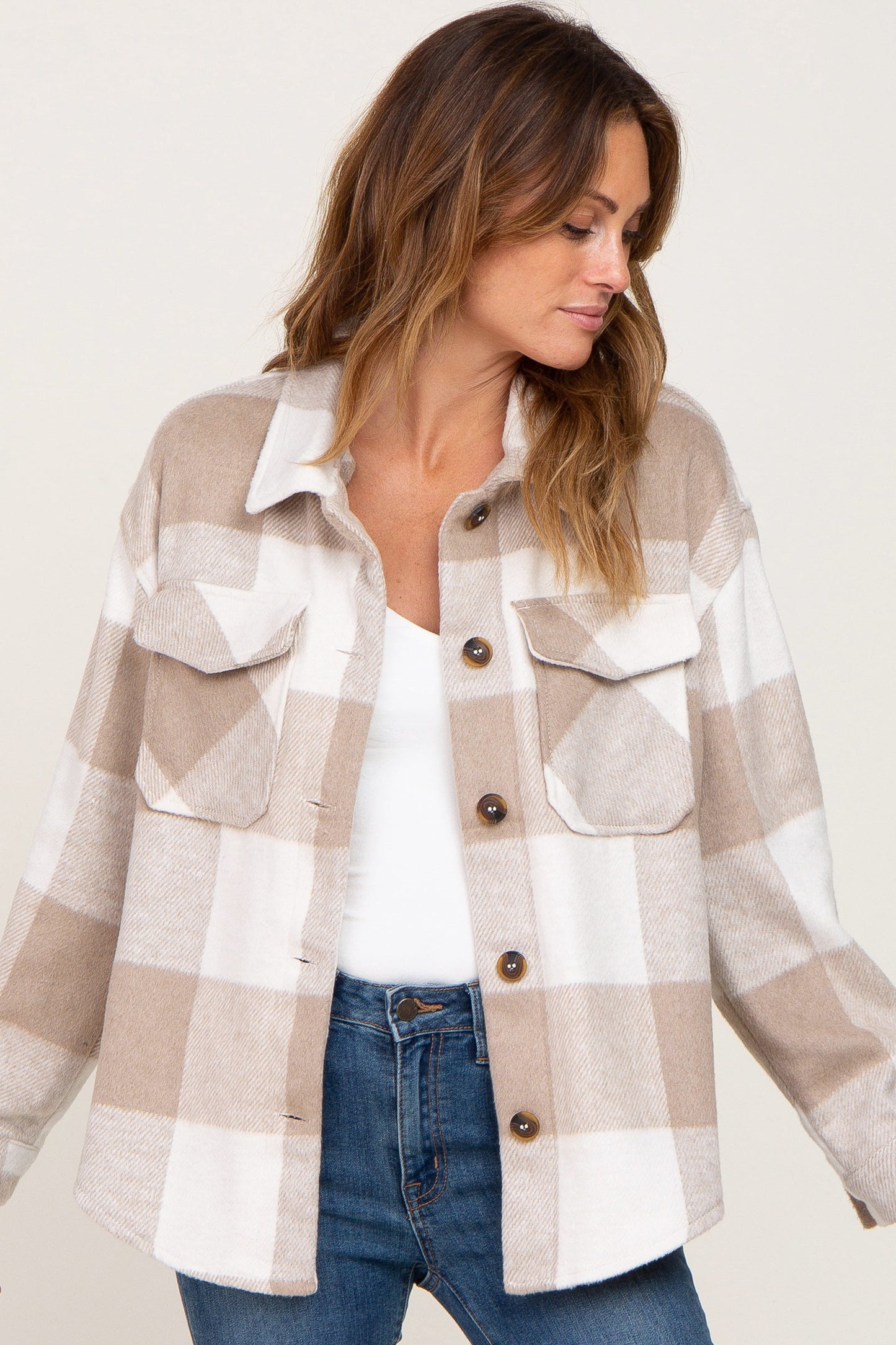 Beige Plaid Knit Shirt Jacket