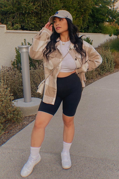 Beige Plaid Knit Shirt Jacket