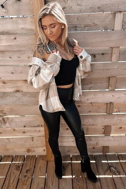 Beige Plaid Knit Shirt Jacket