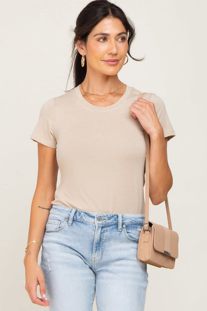 Beige Basic Crew Neck Maternity Tee