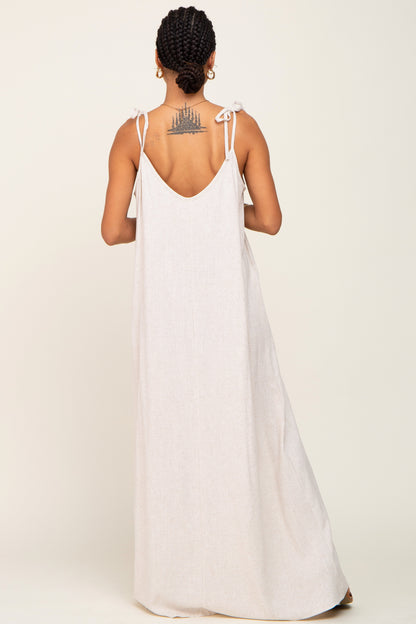 Beige Linen V-Neck Tie Strap Maxi Dress