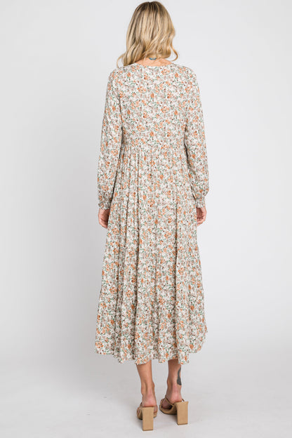 Beige Floral Button Front Long Sleeve Tiered Midi Dress