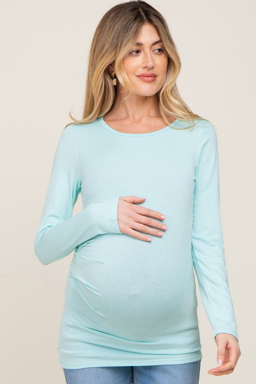Aqua Blue Ruched Side Long Sleeve Maternity Top