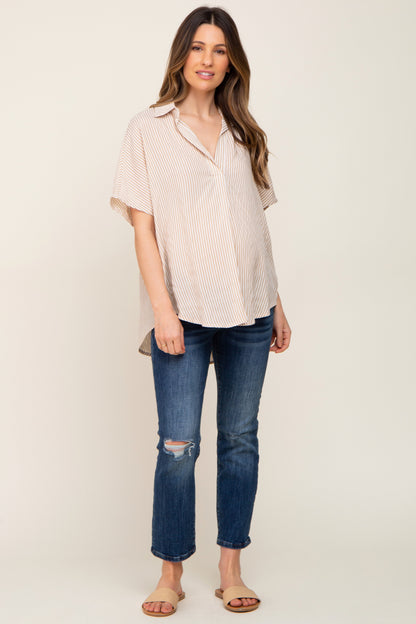 Beige Collared Short Sleeve Maternity Top