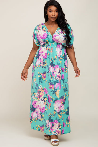 Aqua Floral Deep V-Neck Plus Maxi Dress