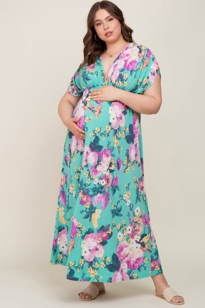 Aqua Floral Deep V-Neck Maternity Plus Maxi Dress