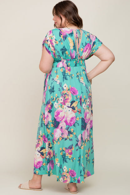 Aqua Floral Deep V-Neck Maternity Plus Maxi Dress