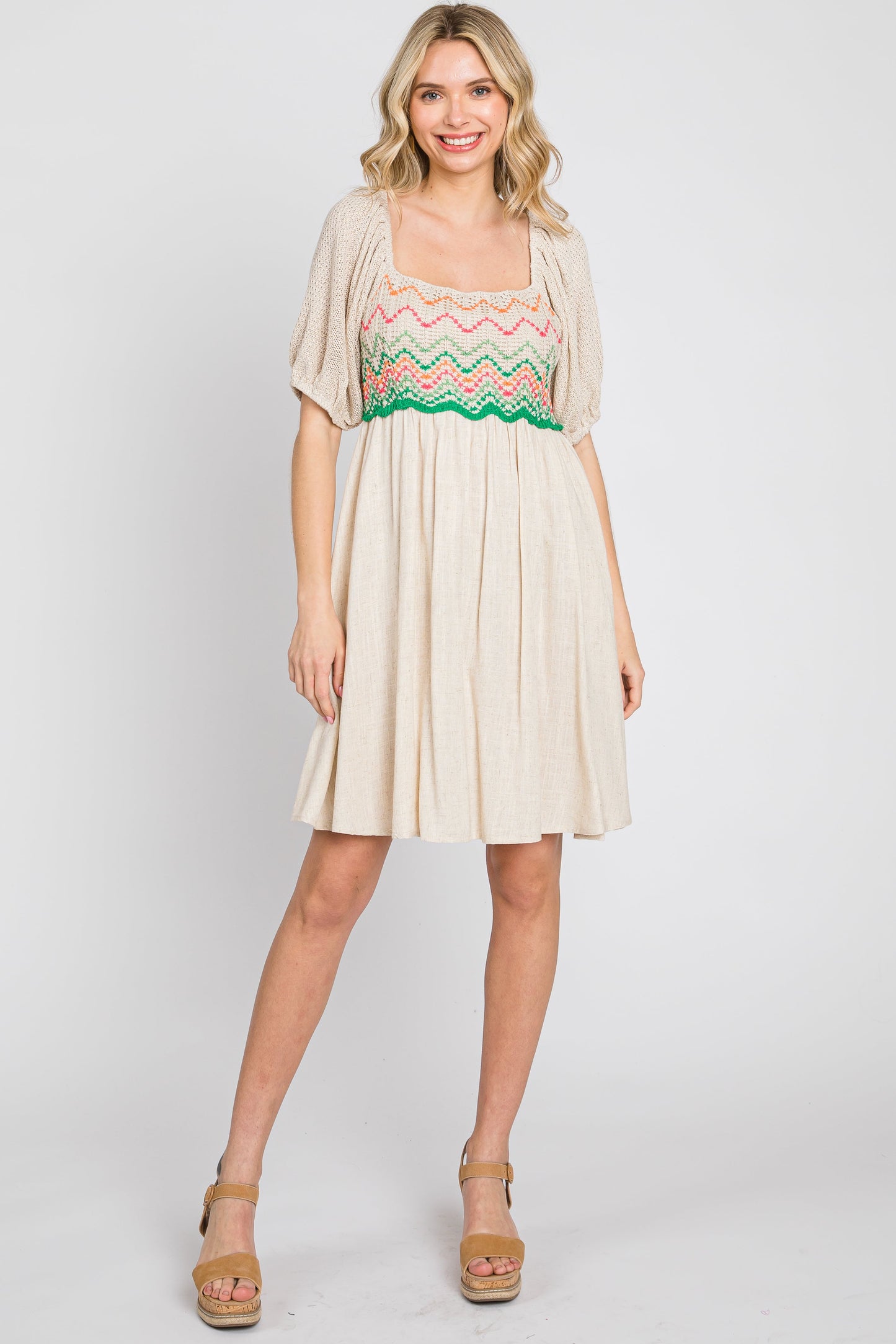 Beige Crochet Puff Sleeve Dress