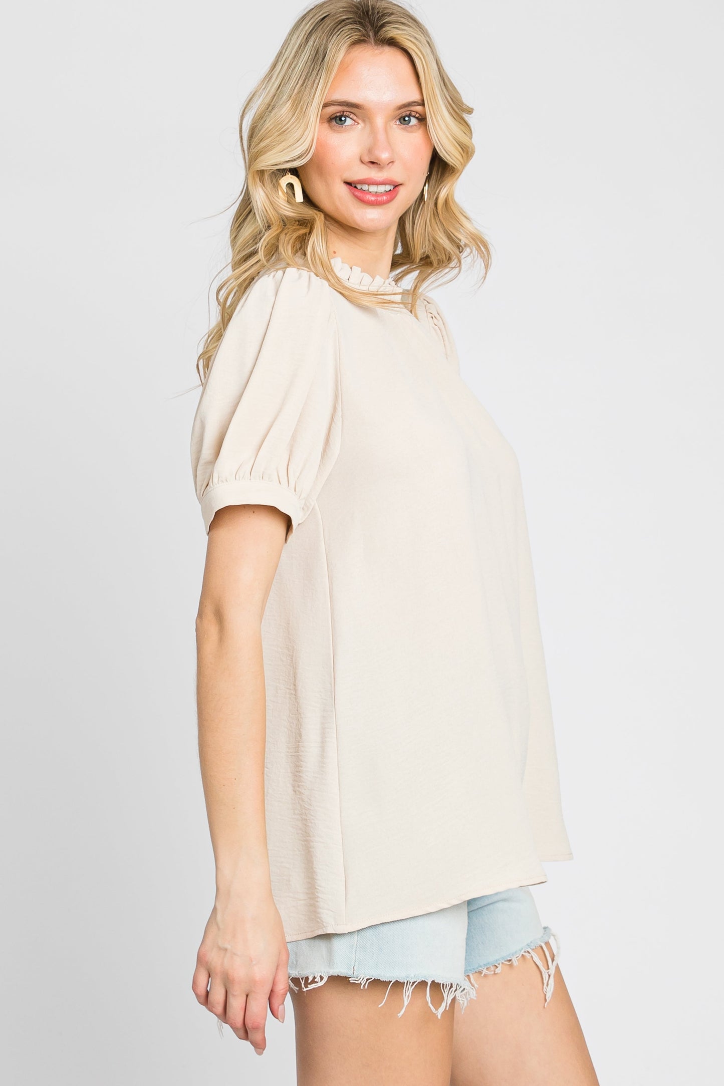 Beige Ruffle Mock Neck Blouse Top