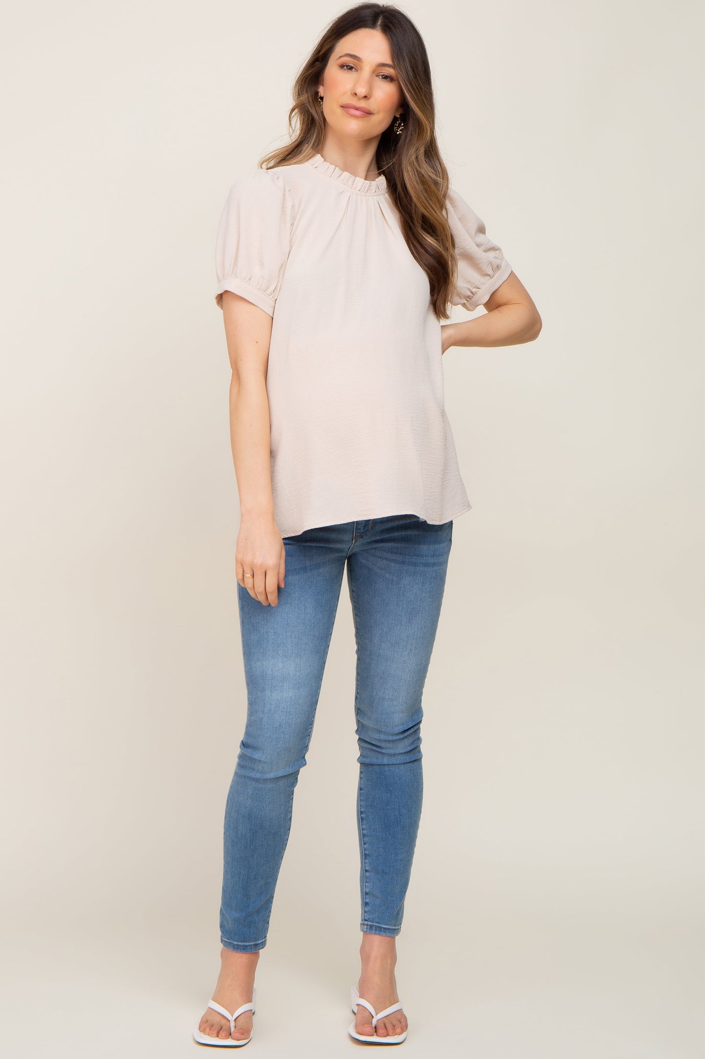 Beige Ruffle Mock Neck Maternity Blouse Top