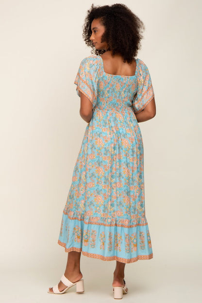 Aqua Floral Print Wrap V-Neck Midi Dress