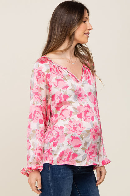 Beige Floral Satin Long Sleeve Maternity Top
