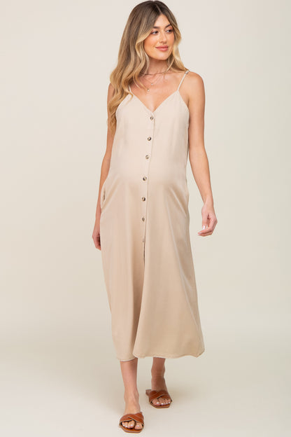 Beige Button Down Maternity Midi Tank Dress