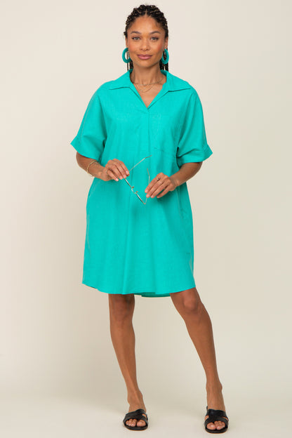 Aqua Linen Collared Front Pocket Short Sleeve Maternity Dress