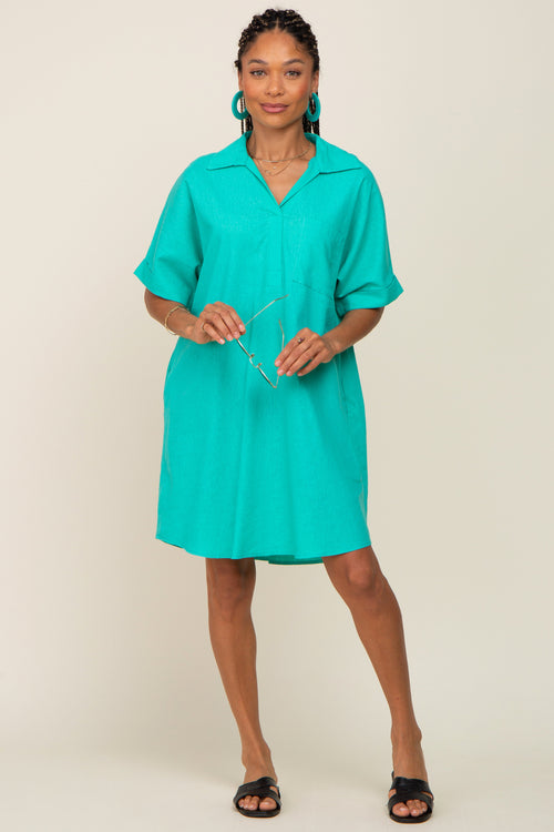 Aqua Linen Collared Front Pocket Short Sleeve Dress