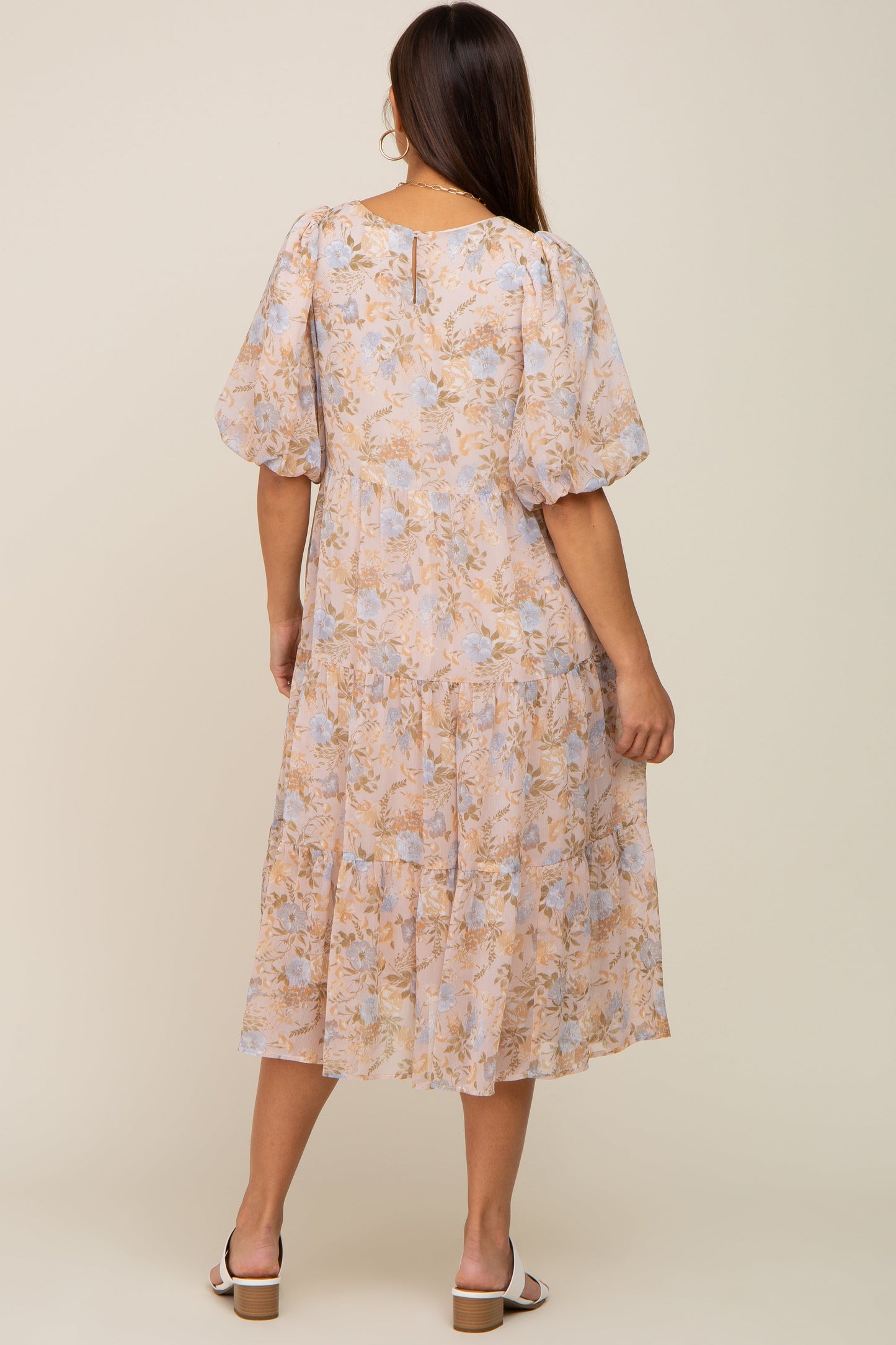 Beige Floral Chiffon Puff Short Sleeve Tiered Maternity Midi Dress