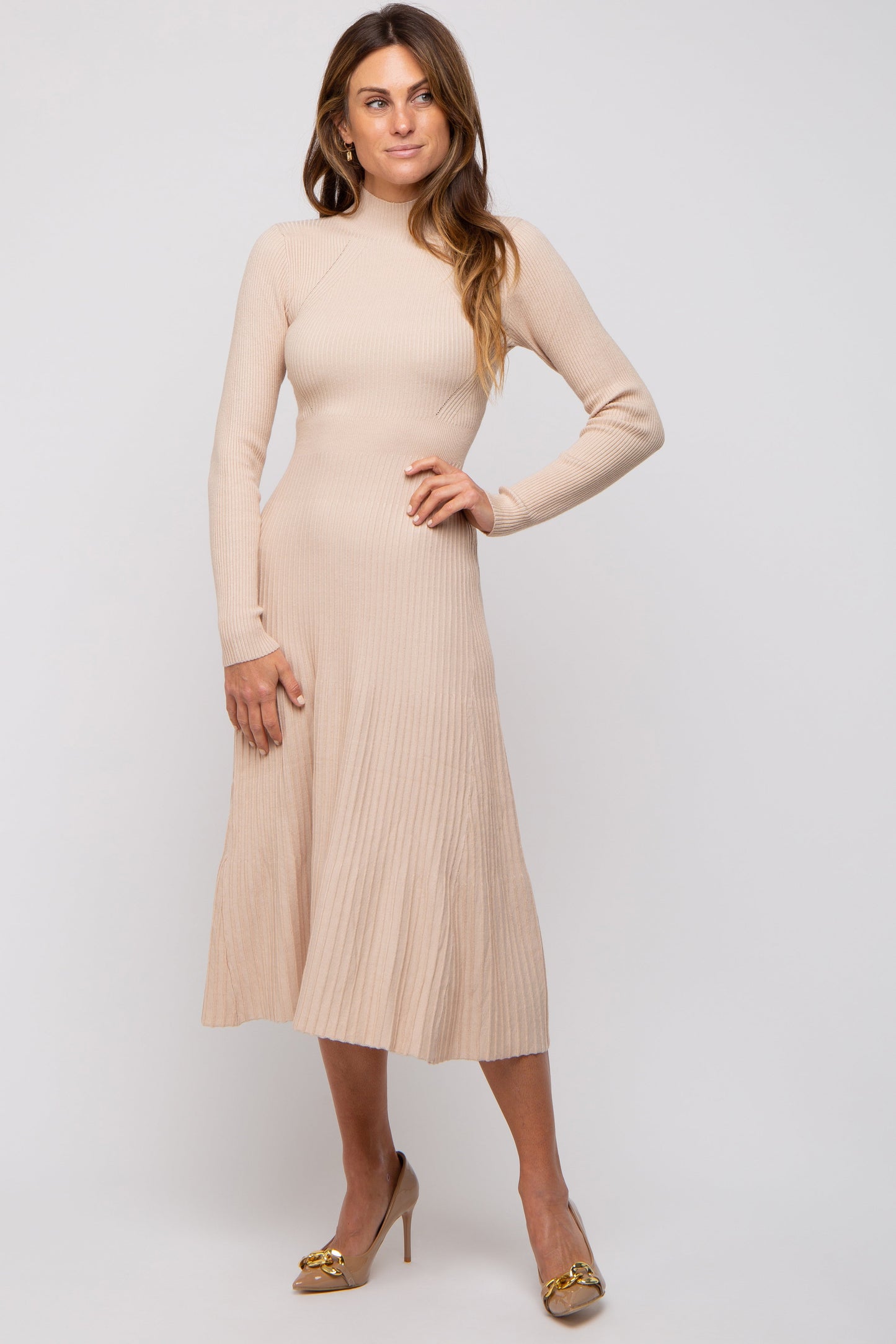 Beige Rib Knit Mock Neck A-Line Dress