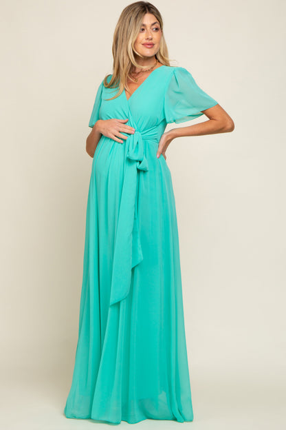 Aqua Chiffon Wrap Front Short Sleeve Maternity Maxi Dress