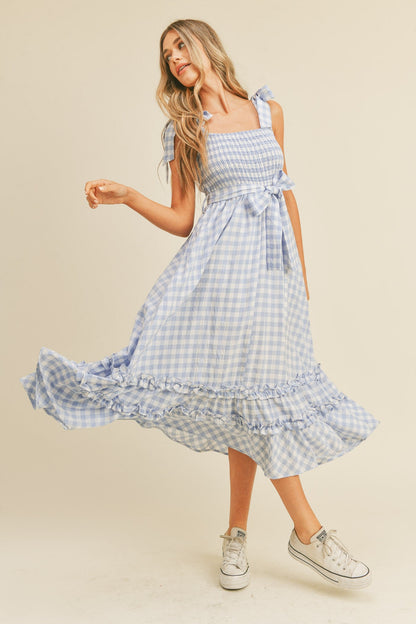 Baby Blue Smocked Bodice Ruffled Hem Midi Dress