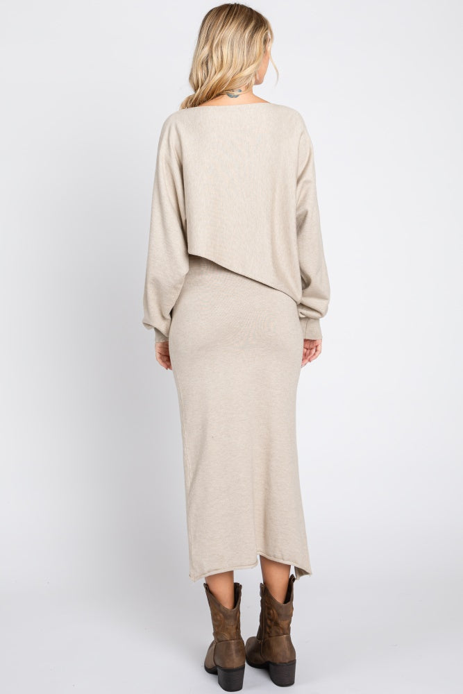 Beige Knit Long Sleeve Crop Top Midi Skirt Set
